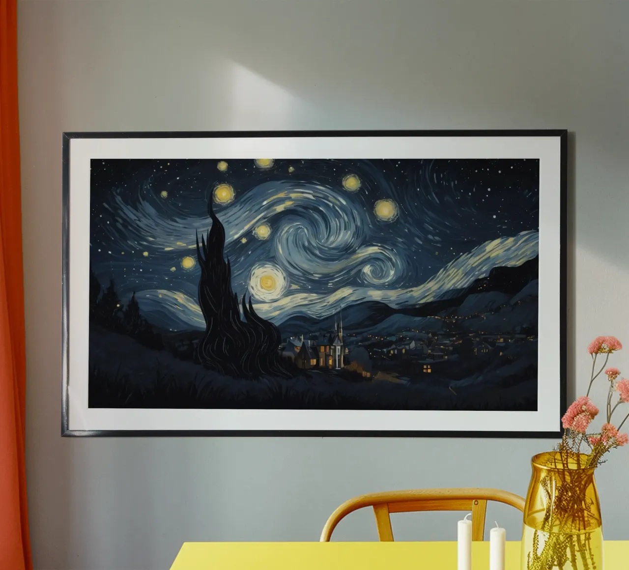 Il cielo notturno pieno di stelle vorticose sopra un tranquillo villaggio poster con telaio in legno da DesignDoodle