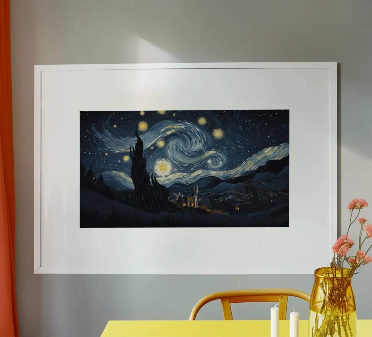 Il cielo notturno pieno di stelle vorticose sopra un tranquillo villaggio poster con telaio in legno da DesignDoodle