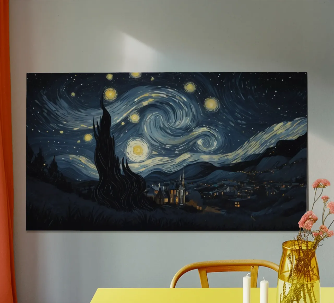 Il cielo notturno pieno di stelle vorticose sopra un tranquillo villaggio poster con telaio in legno da DesignDoodle