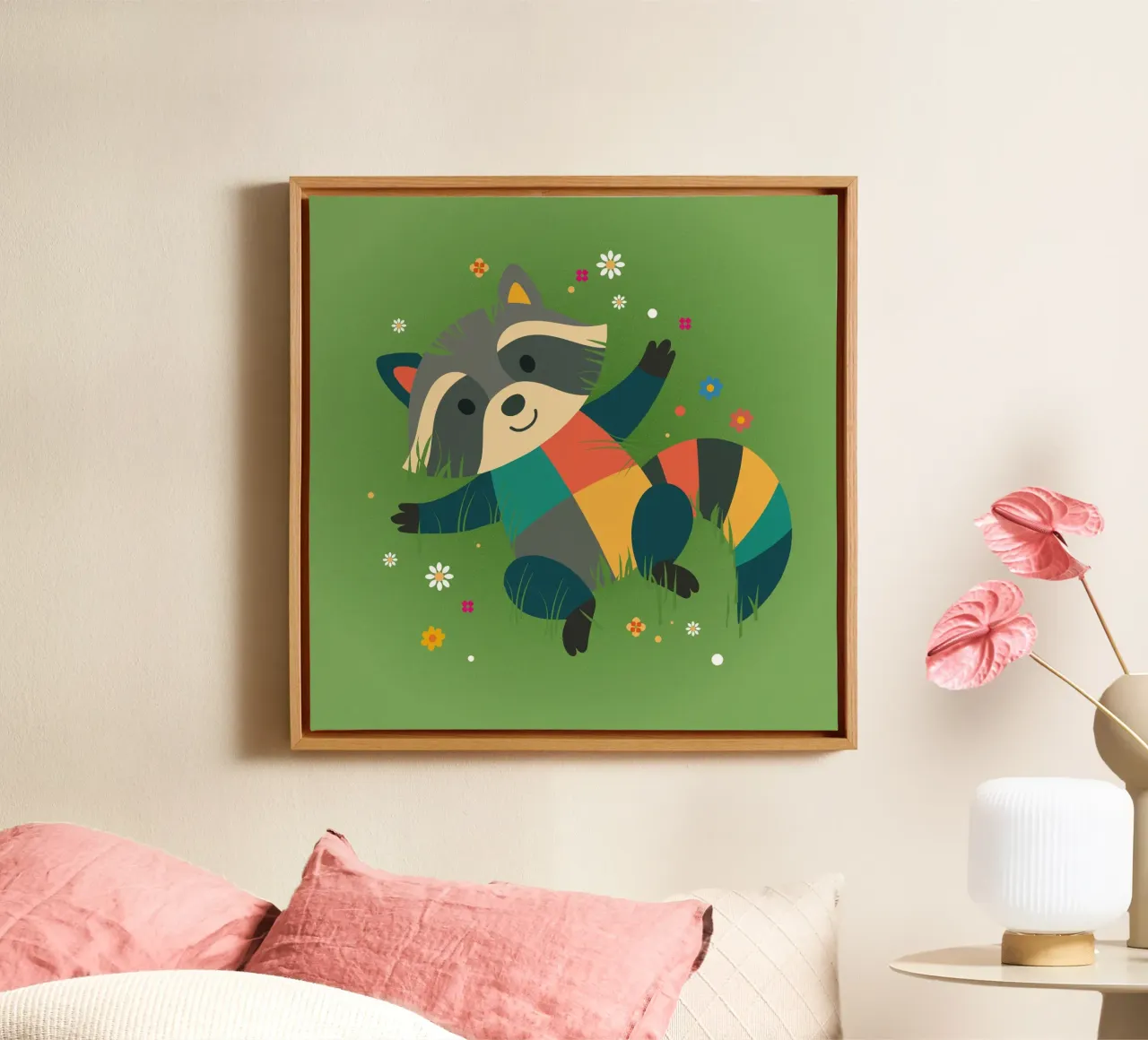 Lying raccoon in the grass - playful children's design canvas with Floater frame by namosh