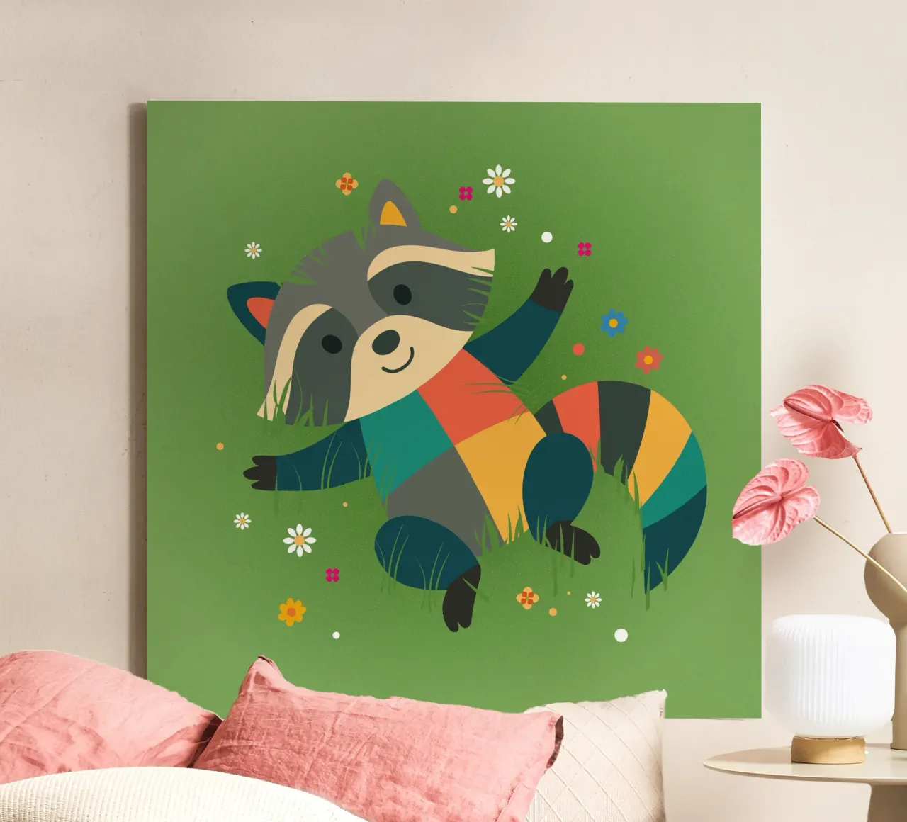 Lying raccoon in the grass - playful children's design canvas with Floater frame by namosh