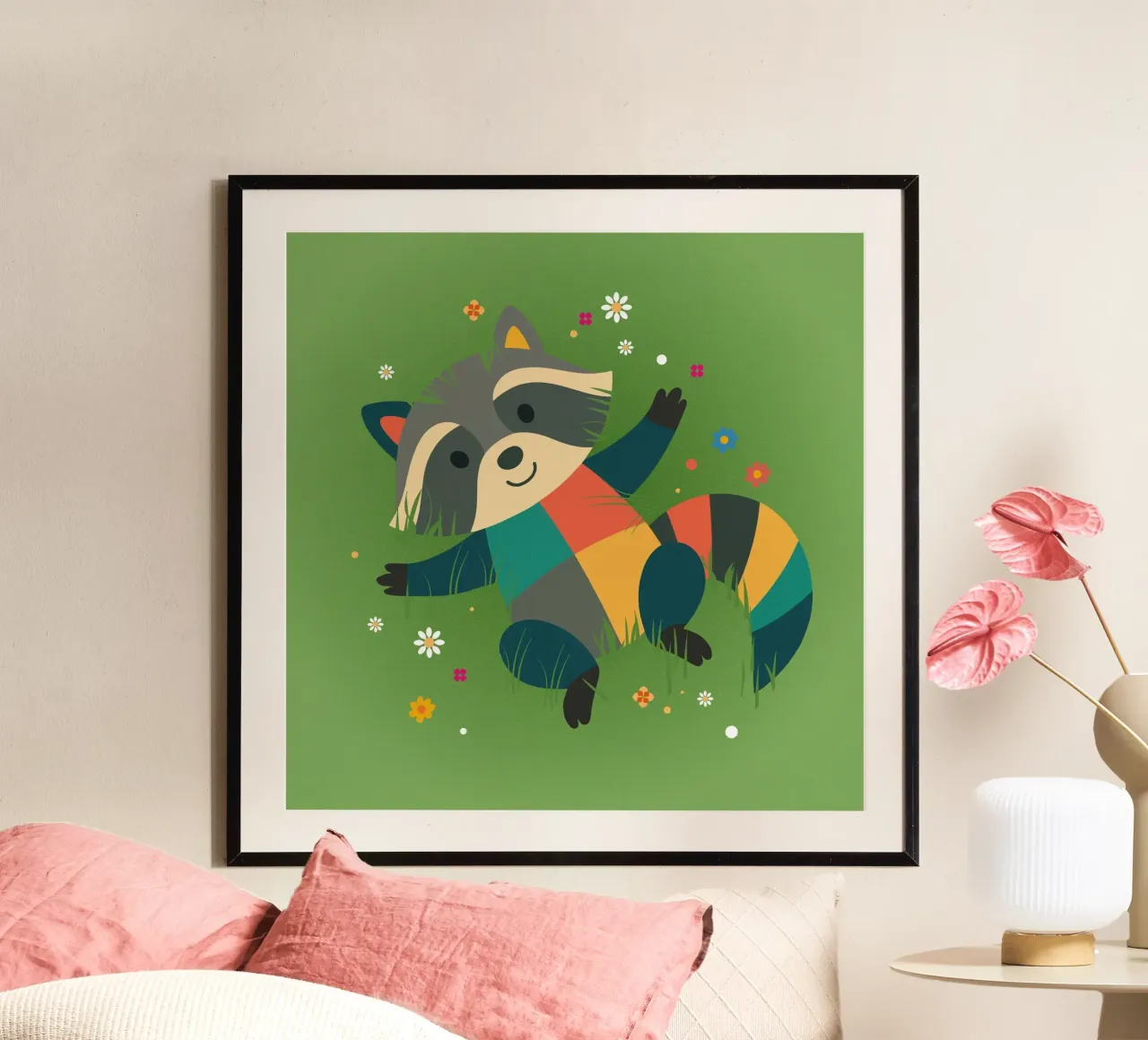 Procione sdraiato nell'erba - design giocoso per bambini carta hahnemühle da namosh