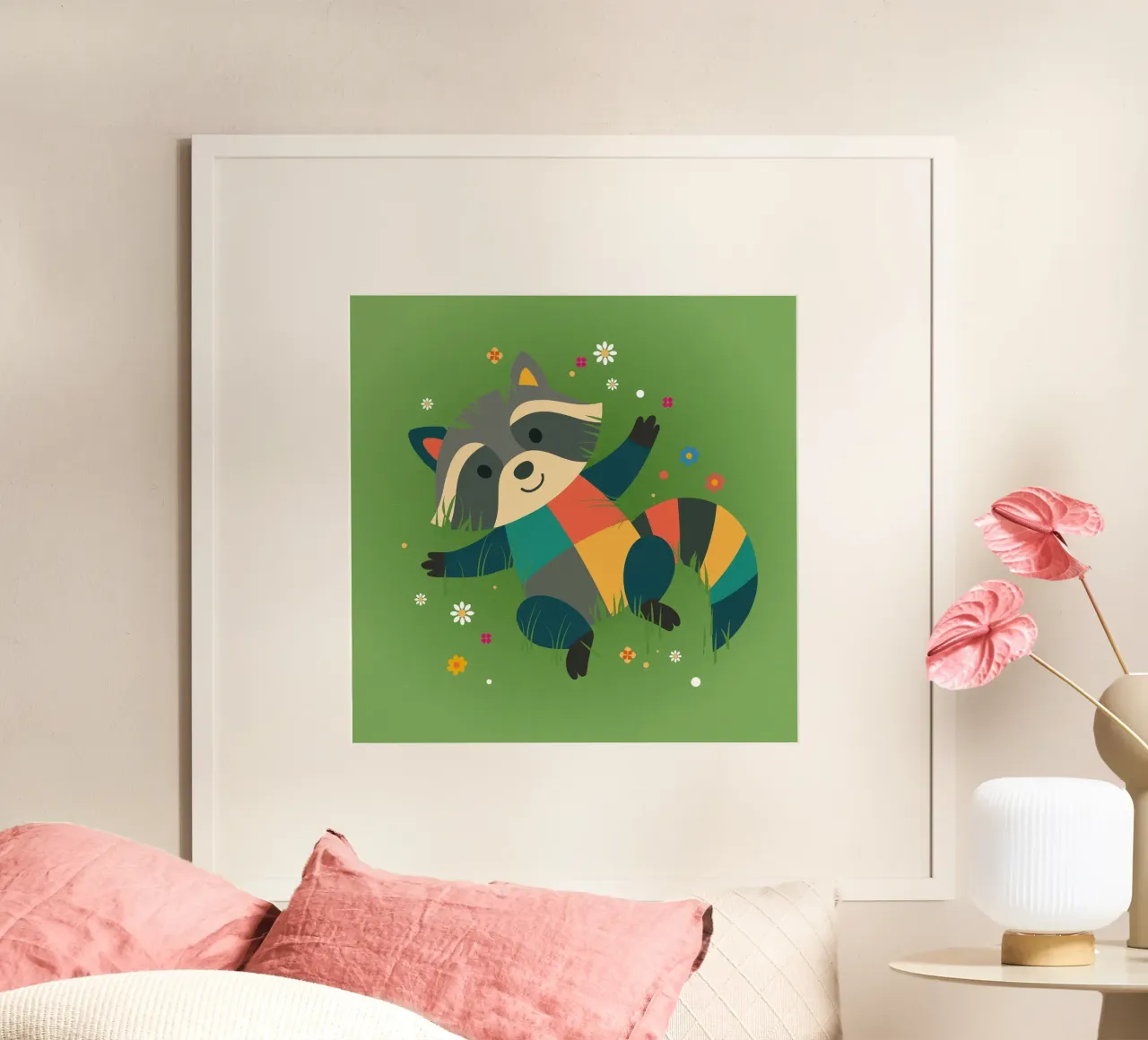 Procione sdraiato nell'erba - design giocoso per bambini carta hahnemühle da namosh