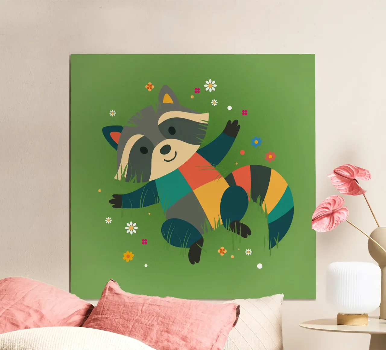 Procione sdraiato nell'erba - design giocoso per bambini carta hahnemühle da namosh