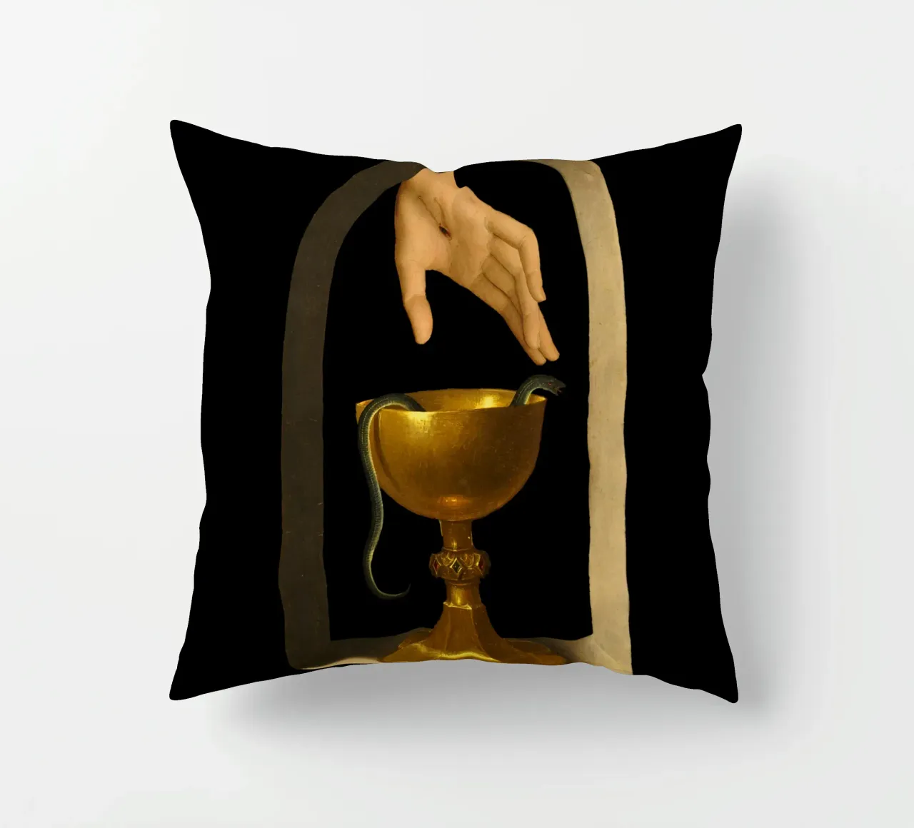 The hand of sorrow touch the holy snake decorative cushion by PicturaCollage