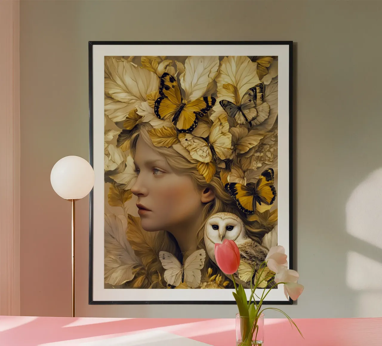 Donna con gufo e farfalle dorate poster con telaio in legno da Autofocus