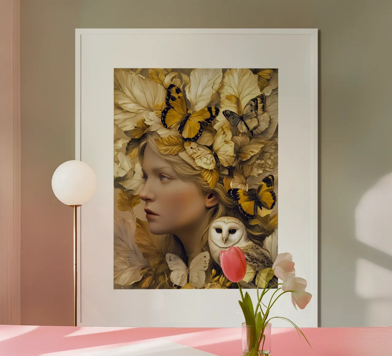 Donna con gufo e farfalle dorate poster con telaio in legno da Autofocus