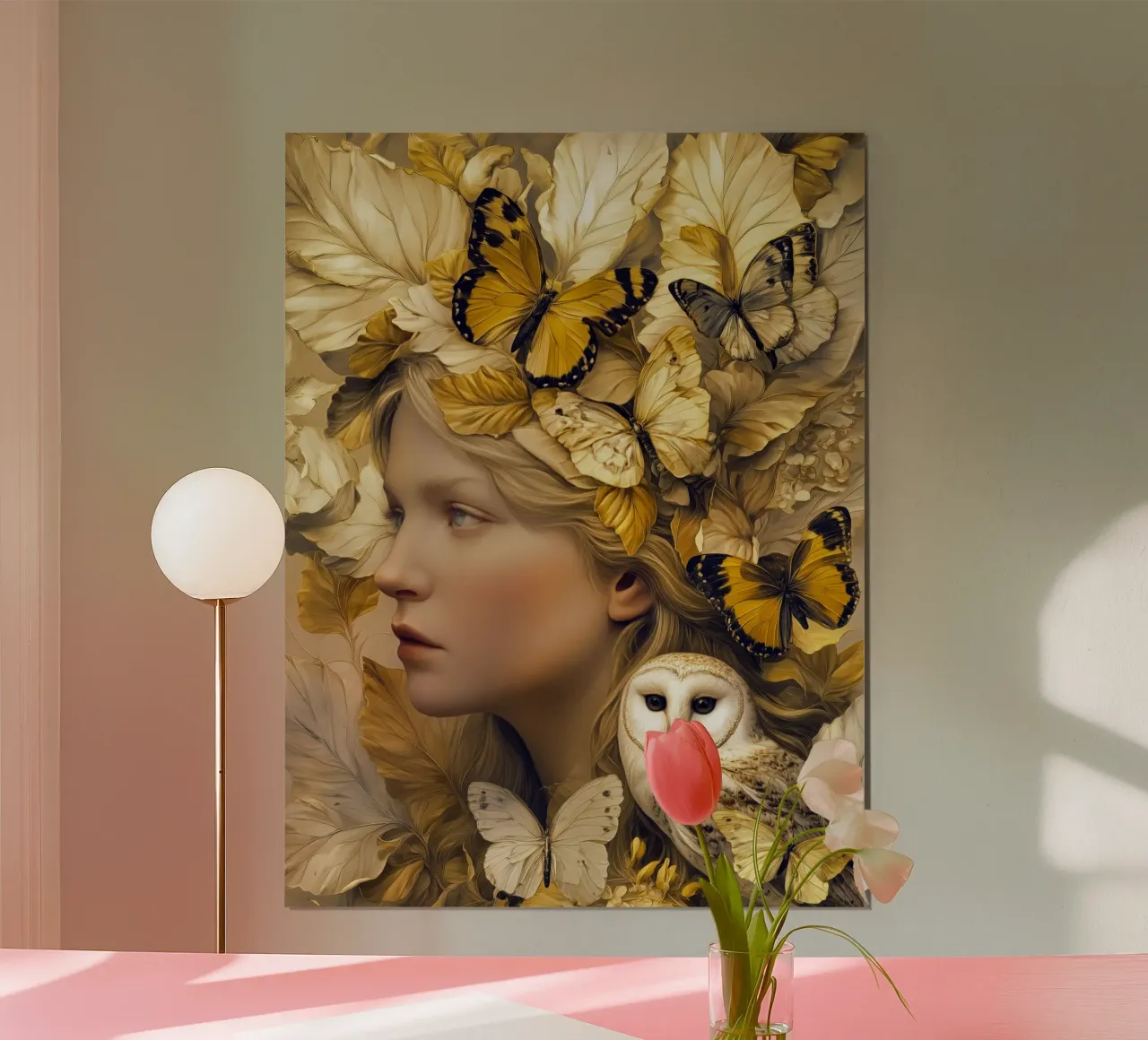Donna con gufo e farfalle dorate poster con telaio in legno da Autofocus