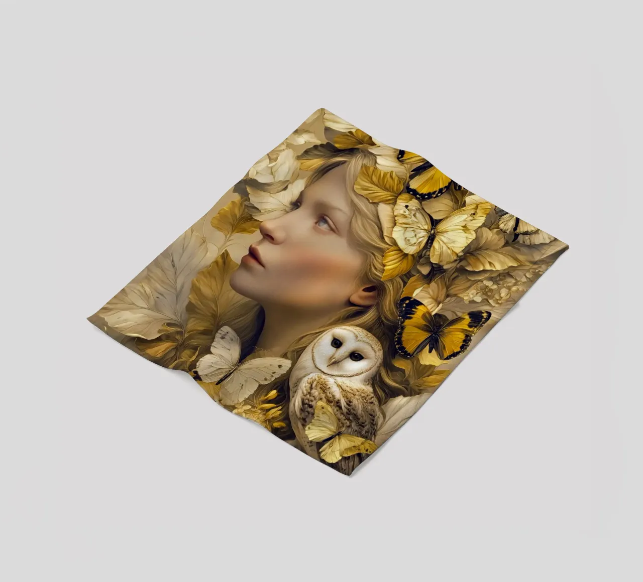 Donna con gufo e farfalle dorate coperta in pile da Autofocus