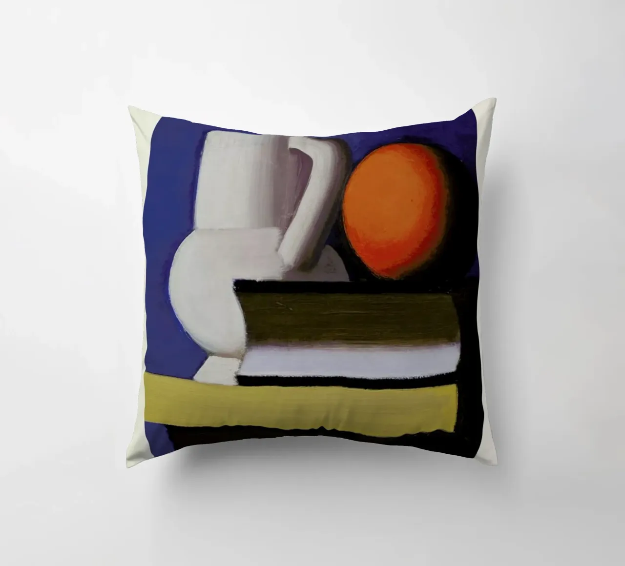 Lundstrøm - Still Life with White Jar, Orange and Book cuscino da Vintage by JUNIQE
