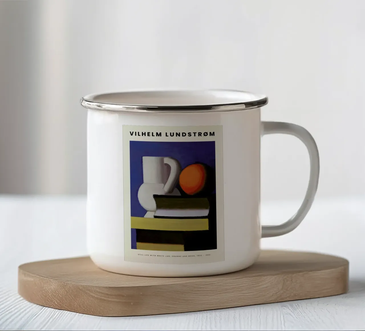 Lundstrøm - Still Life with White Jar, Orange and Book tazza in smalto da Vintage by JUNIQE