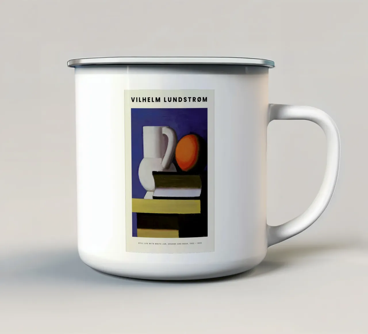 Lundstrøm - Still Life with White Jar, Orange and Book tazza in smalto da Vintage by JUNIQE