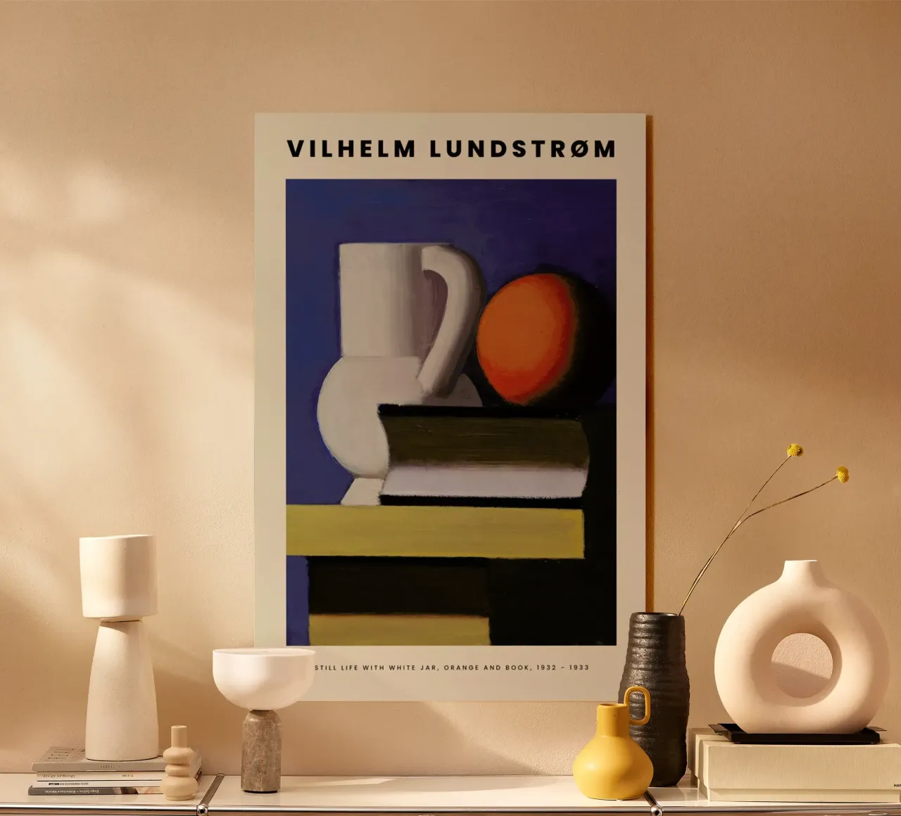 Lundstrøm - Still Life with White Jar, Orange and Book plexiglass da Vintage by JUNIQE
