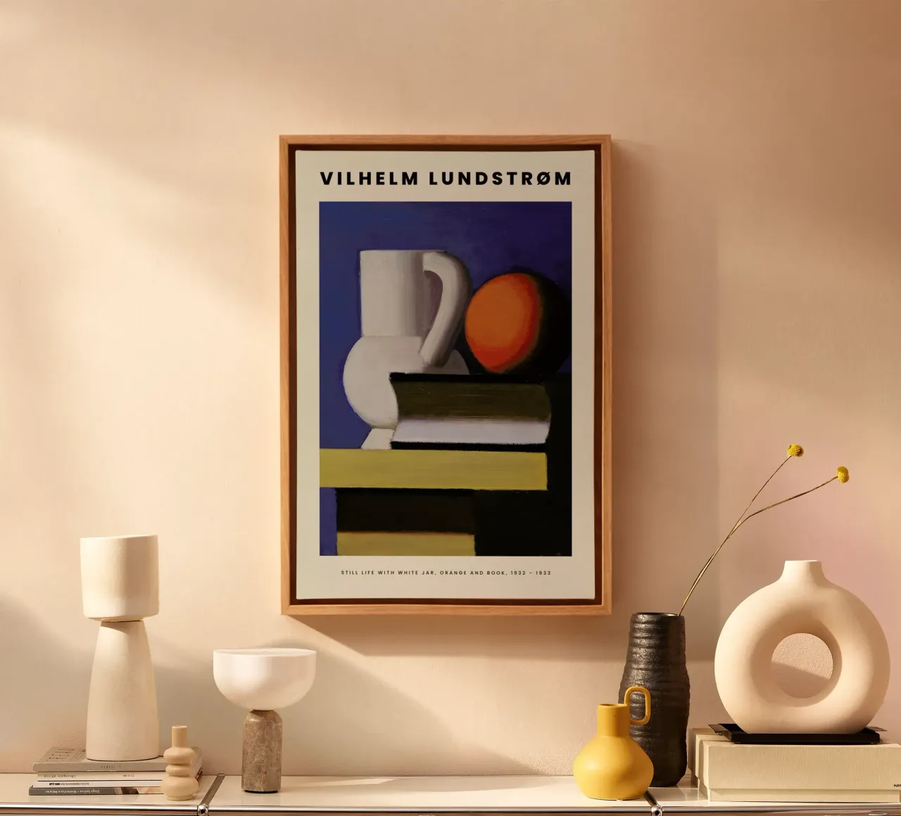 Lundstrøm - Still Life with White Jar, Orange and Book tela con Cornice a cassetta da Vintage by JUNIQE