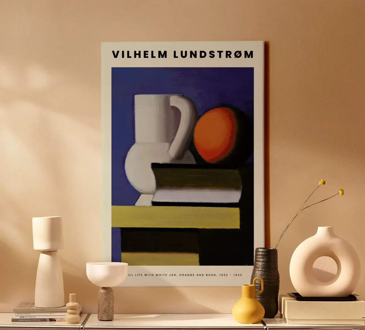 Lundstrøm - Still Life with White Jar, Orange and Book tela con Cornice a cassetta da Vintage by JUNIQE