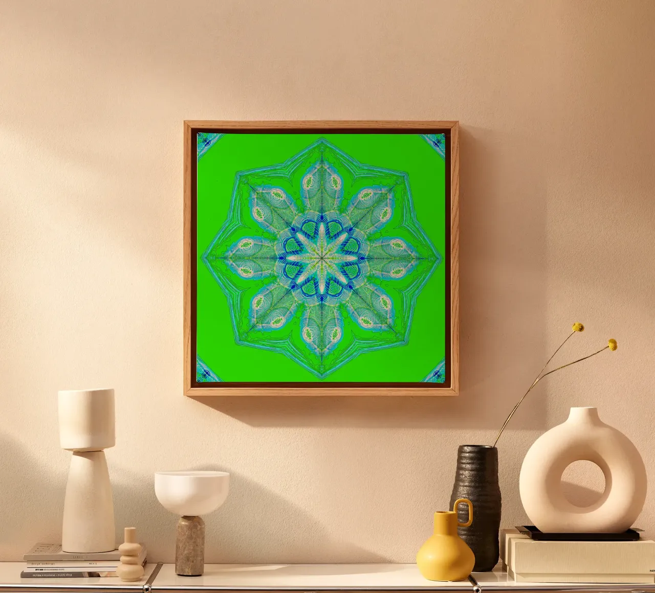 Caleidoscoop - Abstract in groen/turquoise canvas met Baklijst van Gürsel Yesil Digital Art