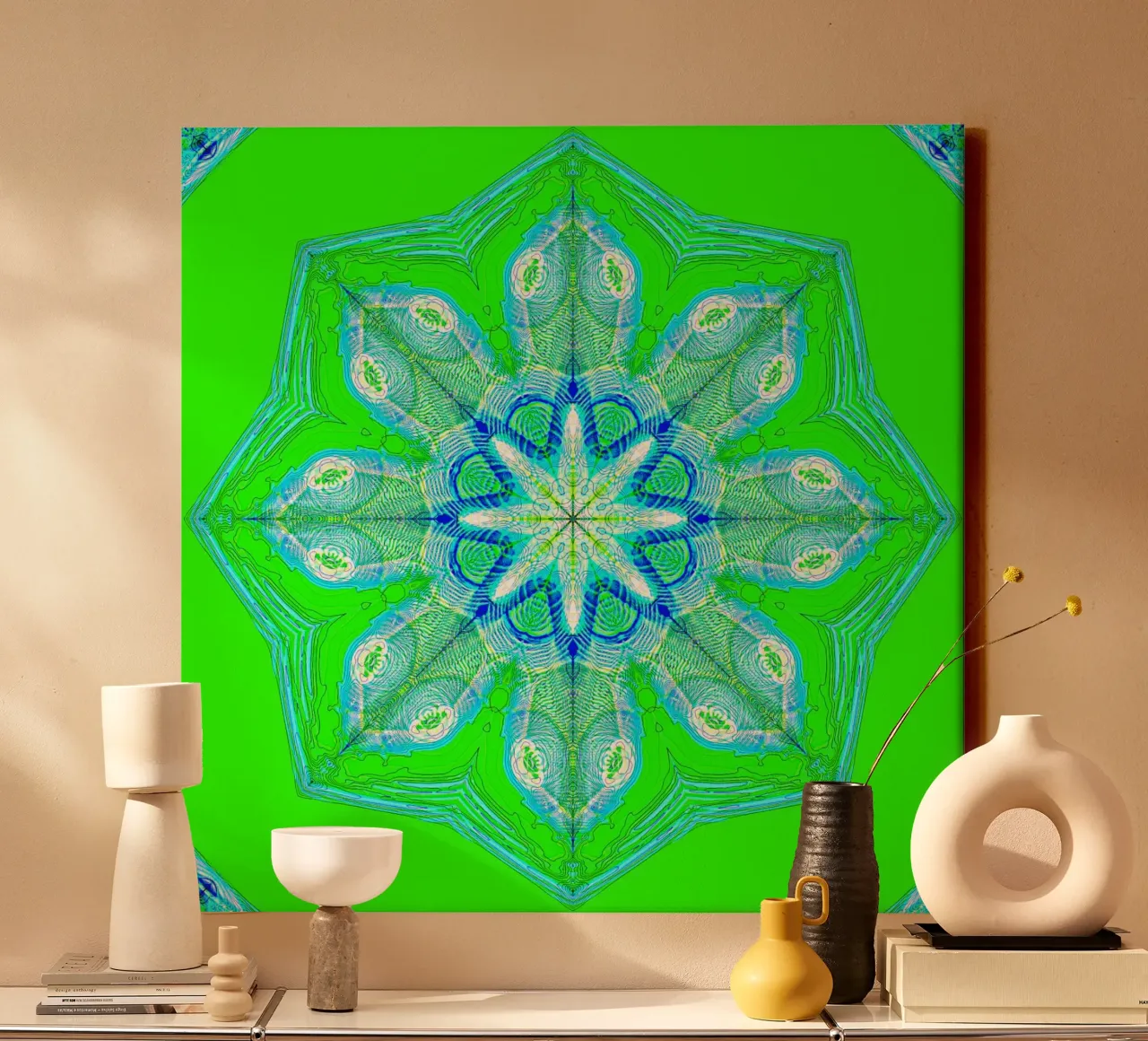 Caleidoscoop - Abstract in groen/turquoise canvas met Baklijst van Gürsel Yesil Digital Art