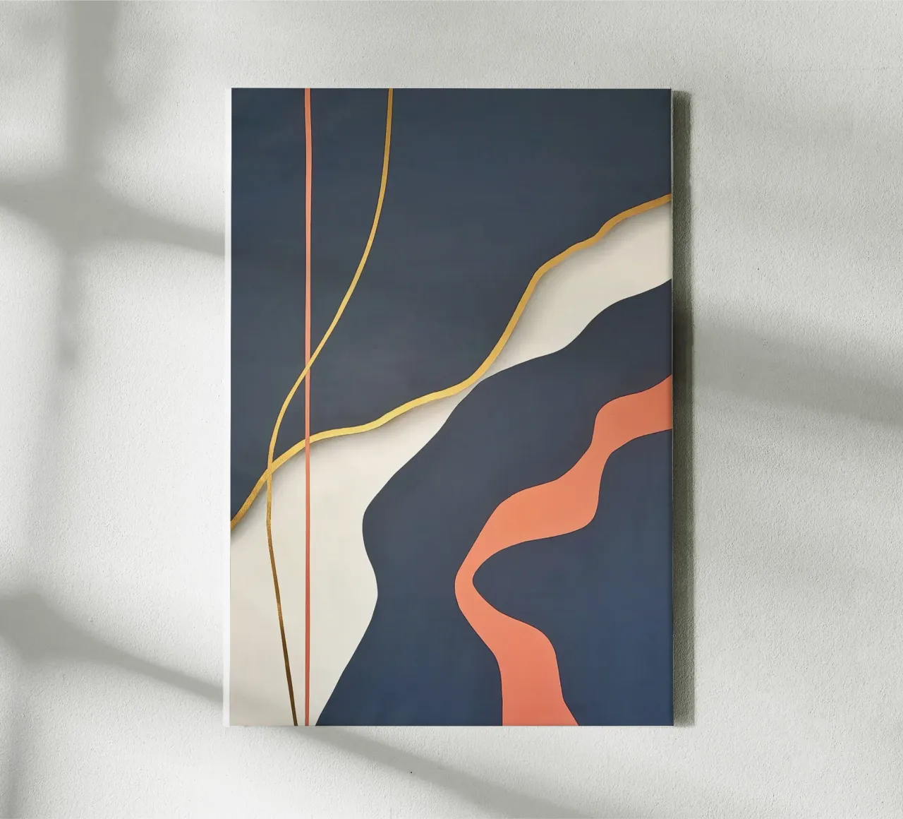 Title: Flowing Lines in Deep Blue and Coral Description: An canvas by Artbyvo