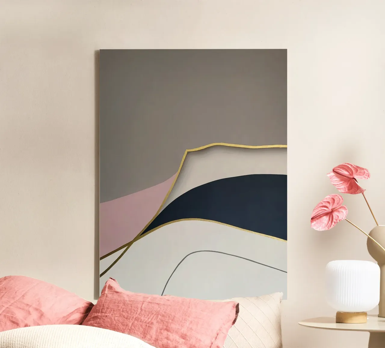 Zachte lagen in roze, grijs en goud canvas met Baklijst van Artbyvo