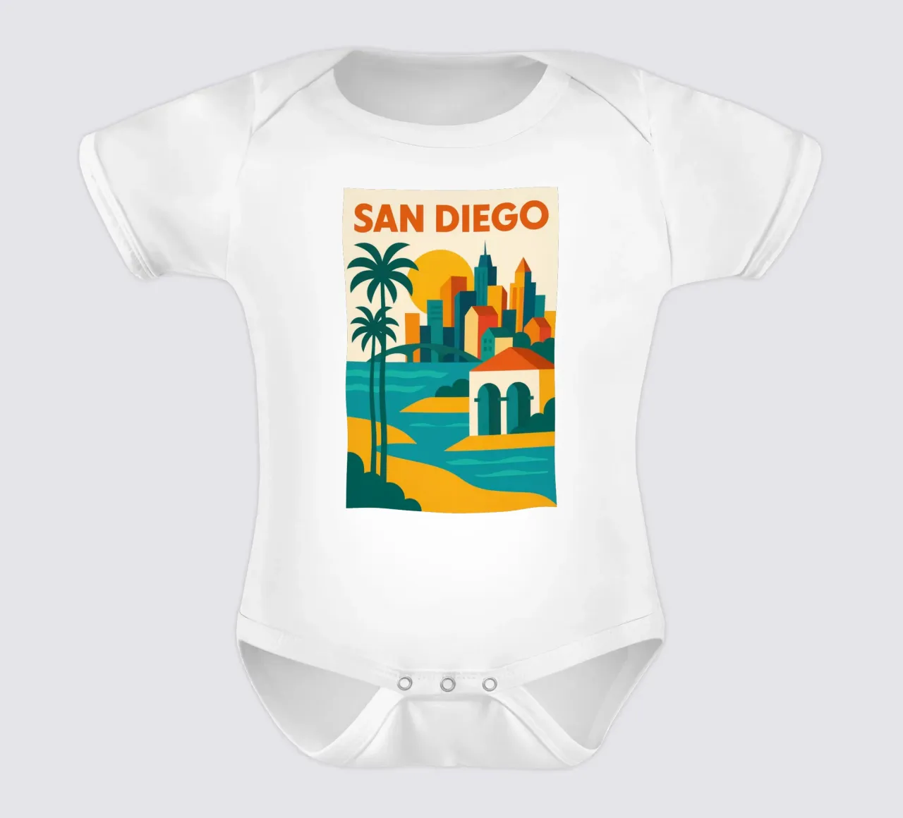 San Diego, skyline soleggiato e coste californiane body neonato maniche corte da JETLAG | affiches voyage