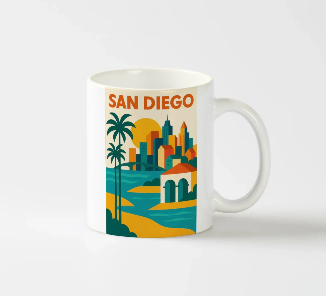 San Diego, sunny skyline and Californian shores ceramic mug by JETLAG | affiches voyage