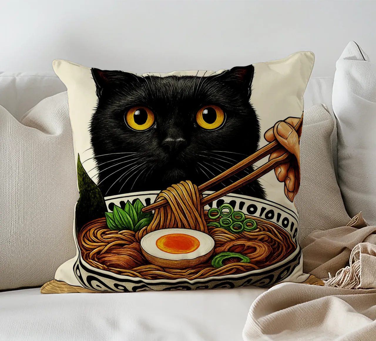 Gatto nero che spera nel design artistico di Ramen cuscino da the gondals