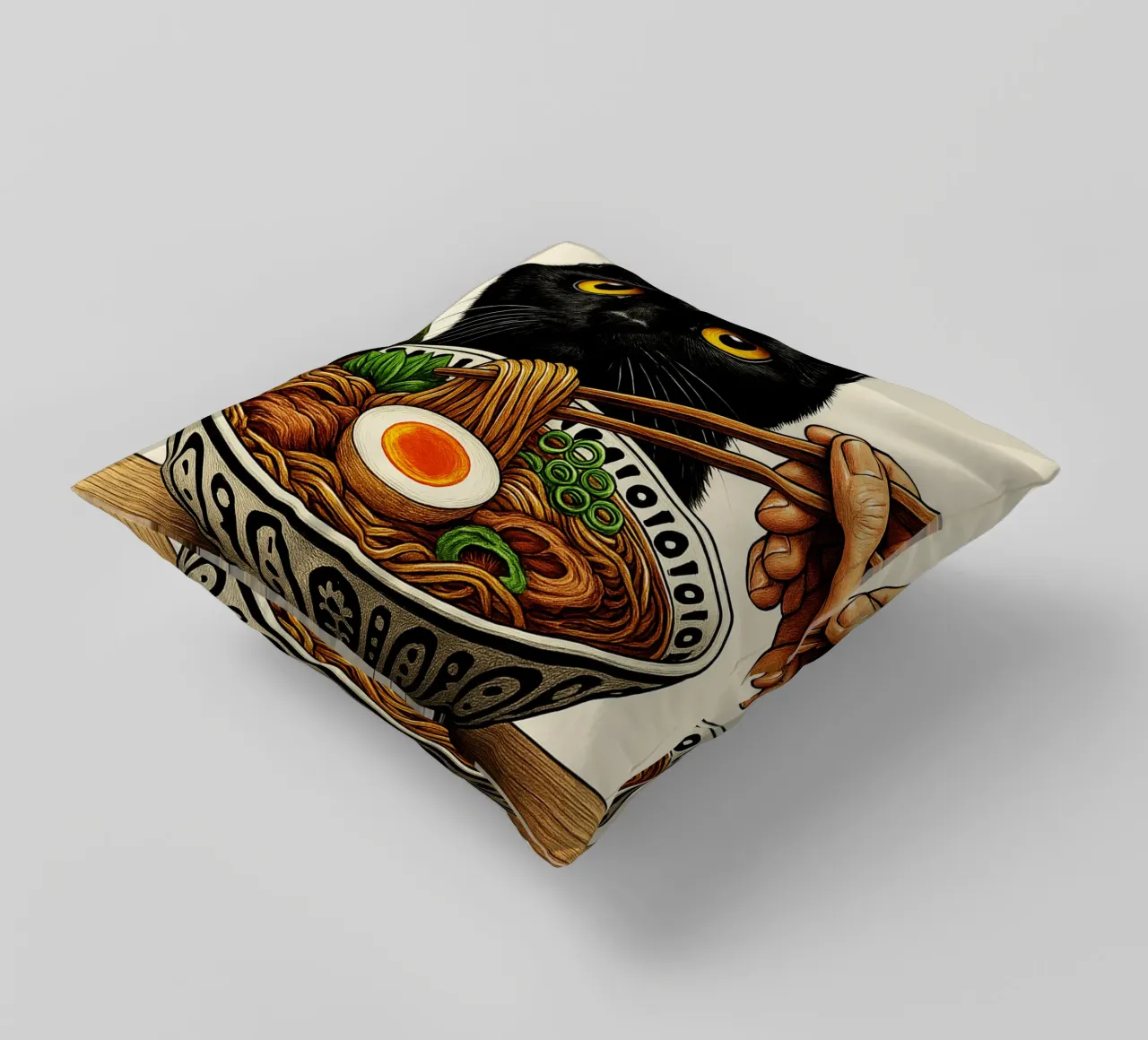 Gatto nero che spera nel design artistico di Ramen cuscino da the gondals