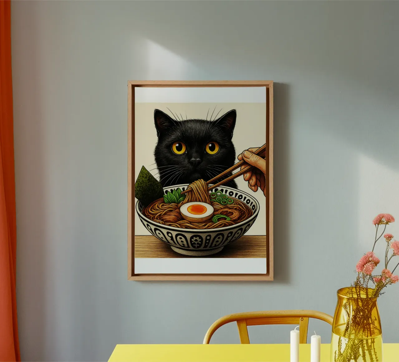 Gatto nero che spera nel design artistico di Ramen tela con Cornice a cassetta da the gondals