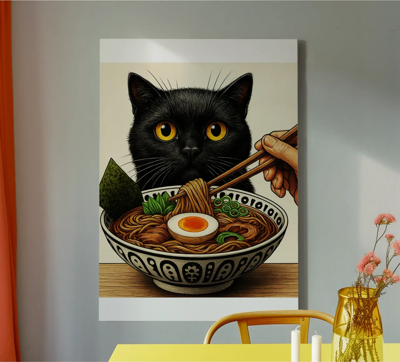 Gatto nero che spera nel design artistico di Ramen tela con Cornice a cassetta da the gondals