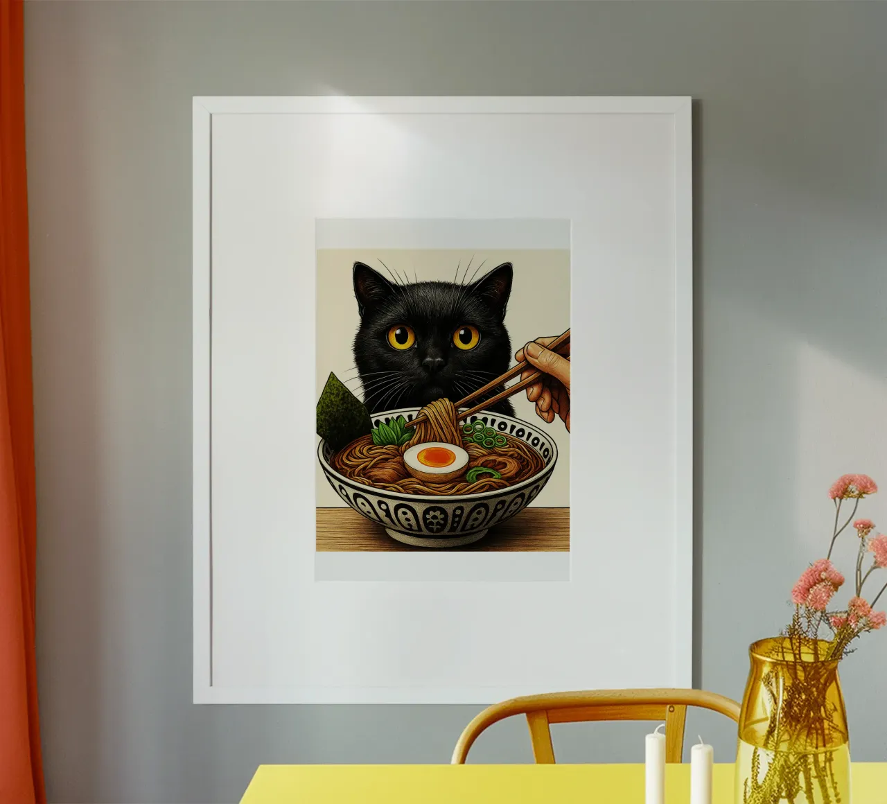 Gatto nero che spera nel design artistico di Ramen poster da the gondals
