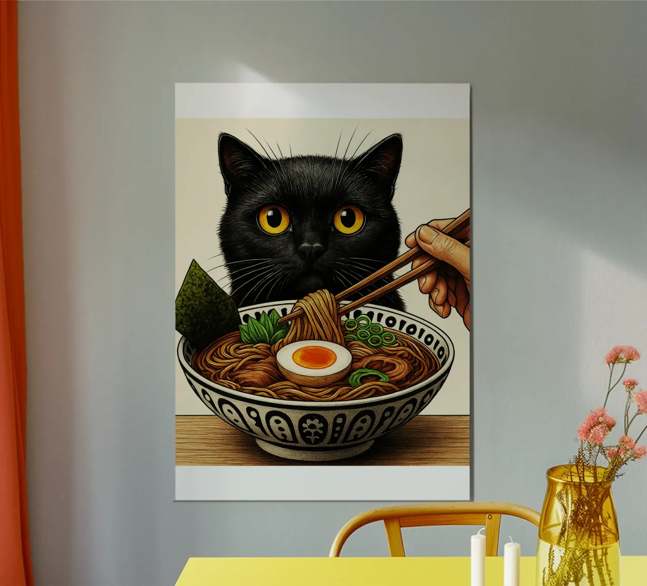 Gatto nero che spera nel design artistico di Ramen poster da the gondals