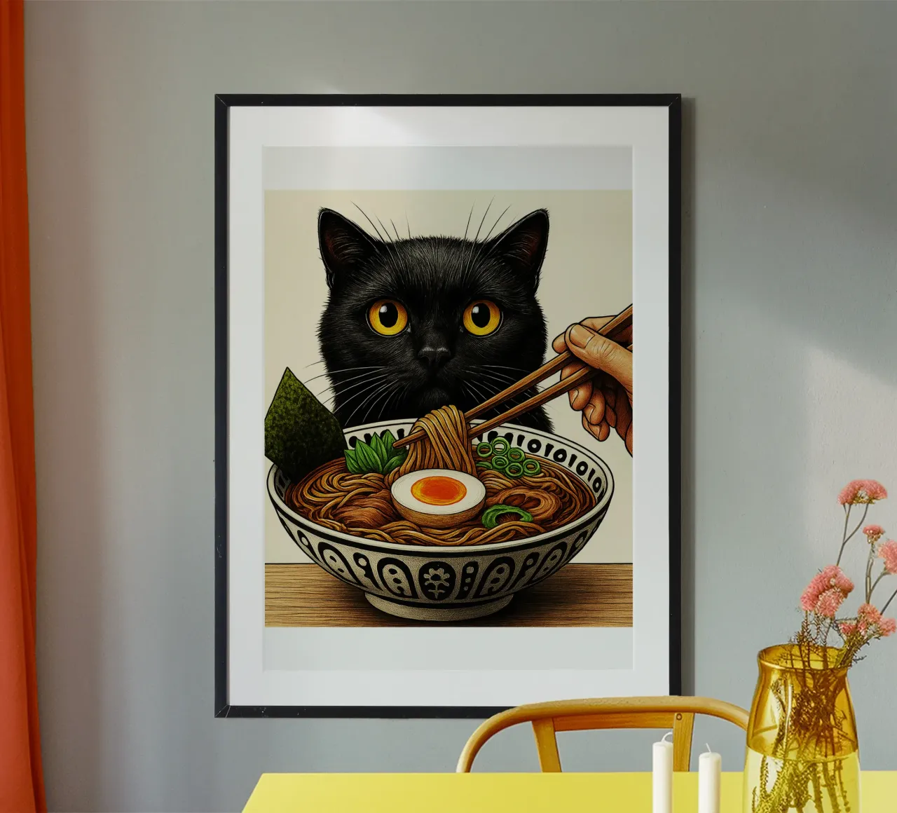 Gatto nero che spera nel design artistico di Ramen poster da the gondals