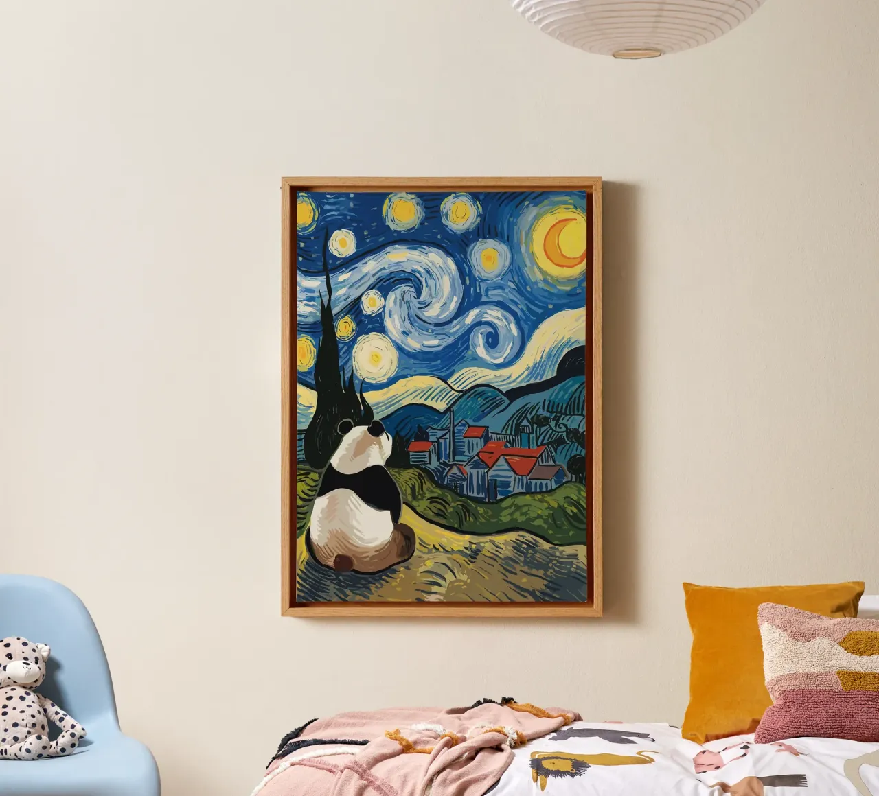 panda cielo stellato luna crescente tela con Cornice a cassetta da Kirsten C Nolan