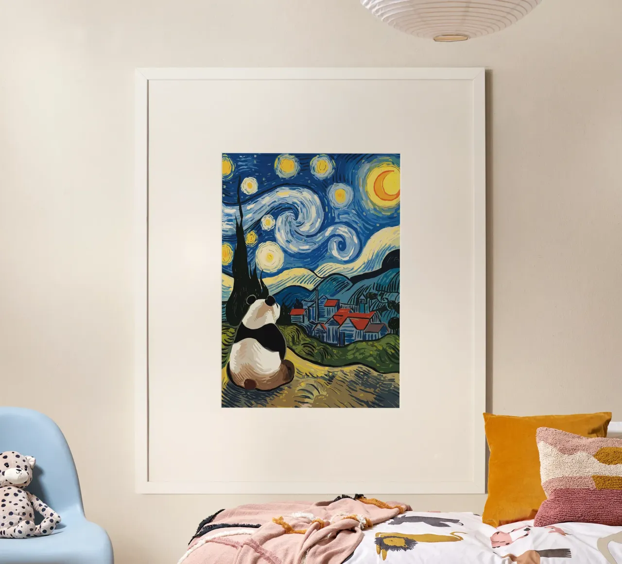 panda cielo stellato luna crescente poster con telaio in legno da Kirsten C Nolan