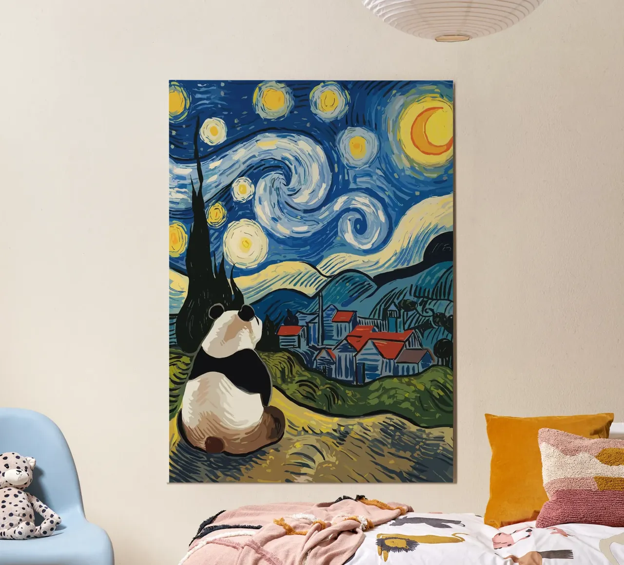 panda cielo stellato luna crescente poster con telaio in legno da Kirsten C Nolan