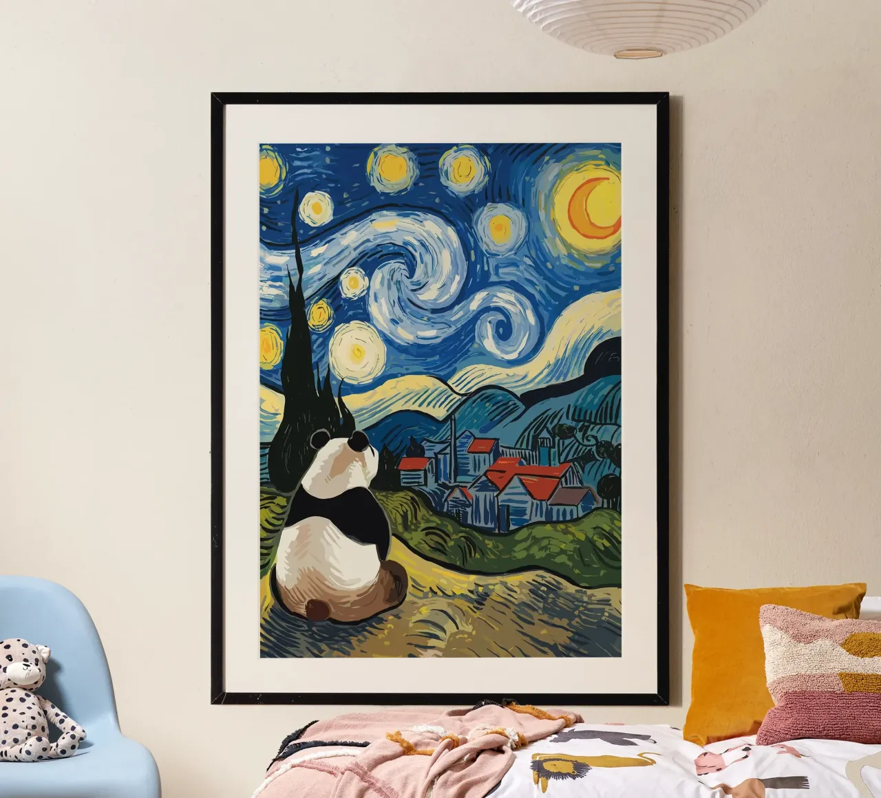 panda cielo stellato luna crescente poster con telaio in legno da Kirsten C Nolan