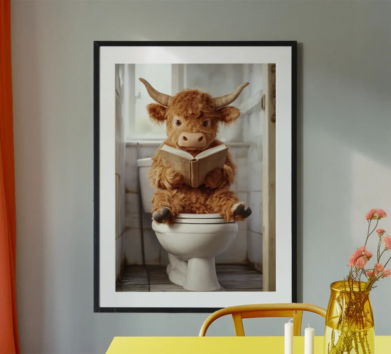 libro del bagno del gabinetto della mucca poster con telaio in alluminio da Kirsten C Nolan
