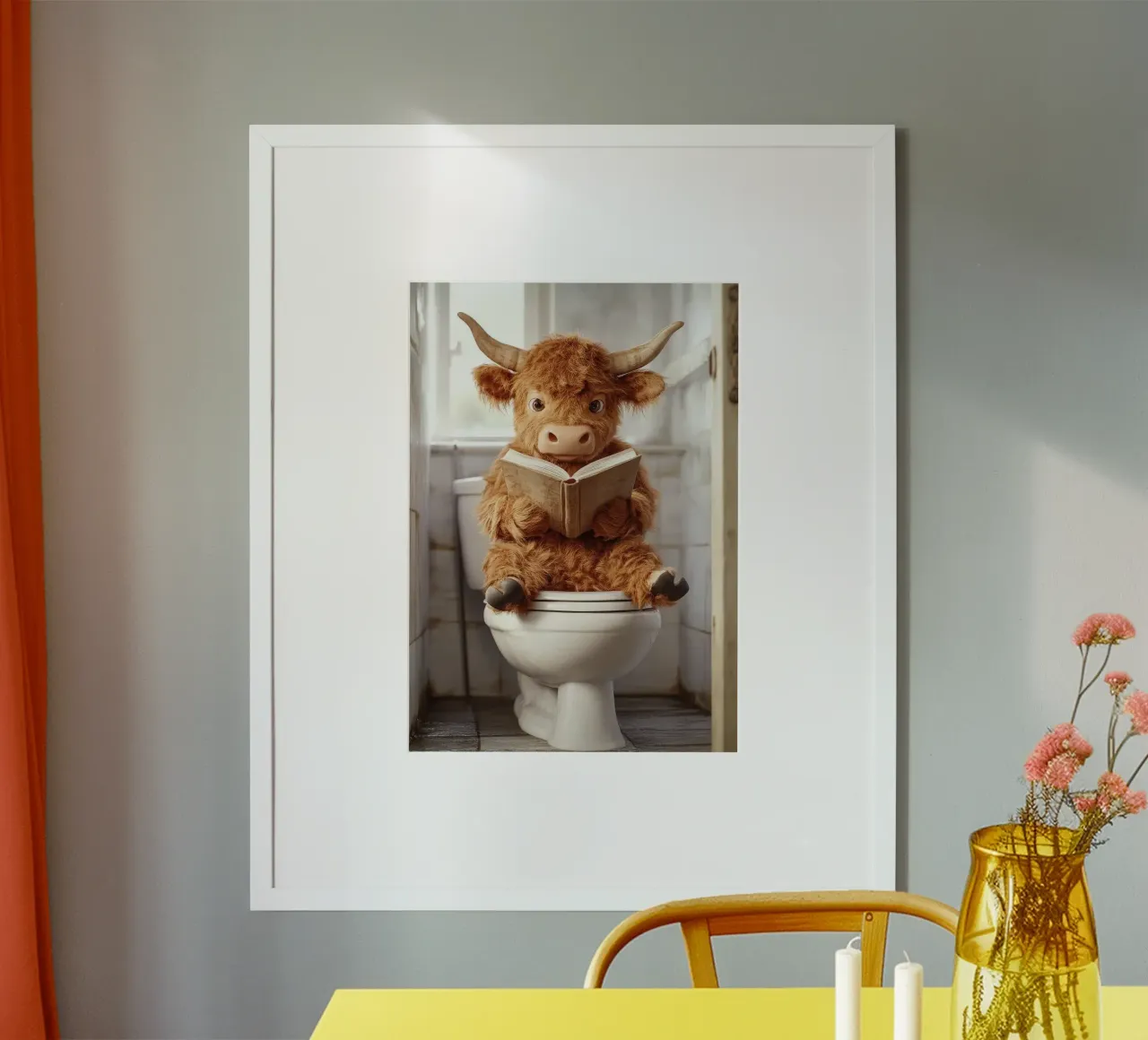 libro del bagno del gabinetto della mucca poster con telaio in alluminio da Kirsten C Nolan