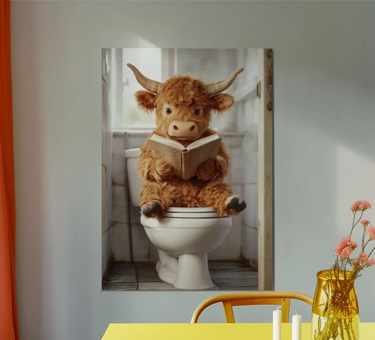 libro del bagno del gabinetto della mucca poster con telaio in alluminio da Kirsten C Nolan