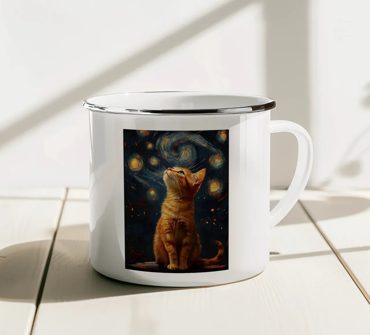 cat starry sky orange fur feline enamel mug by James Isaac Jackson