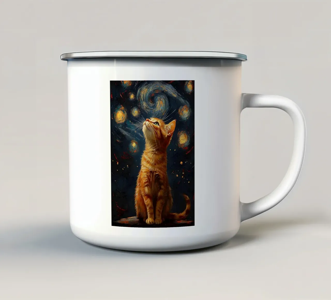cat starry sky orange fur feline enamel mug by James Isaac Jackson