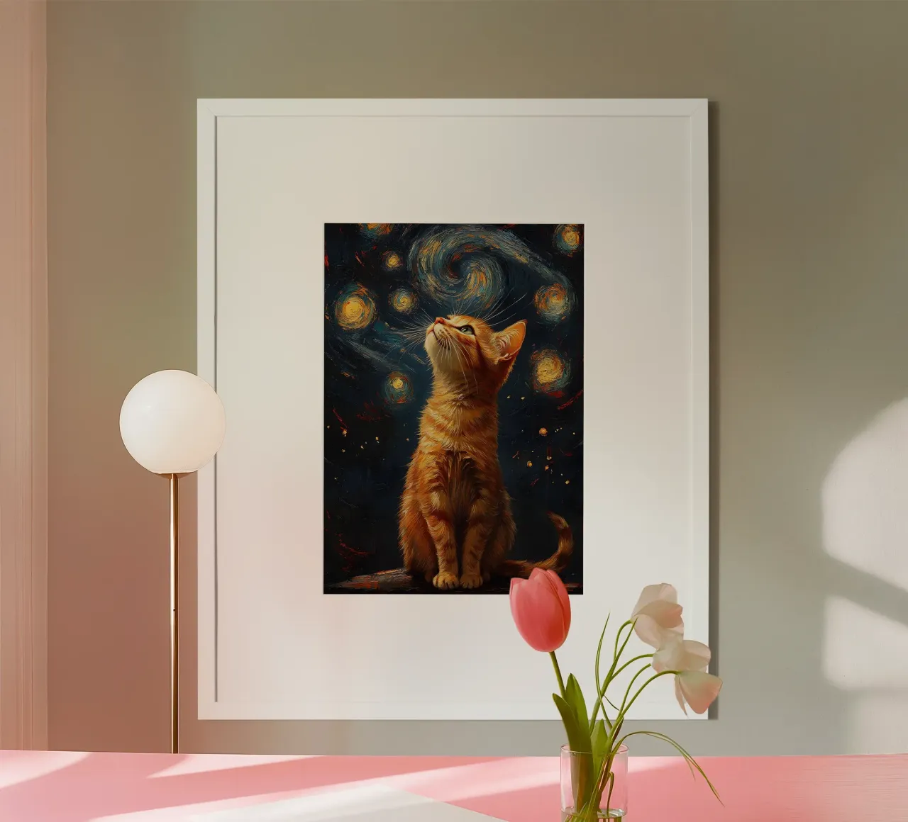 gatto cielo stellato pelliccia arancione felino poster con telaio in legno da James Isaac Jackson