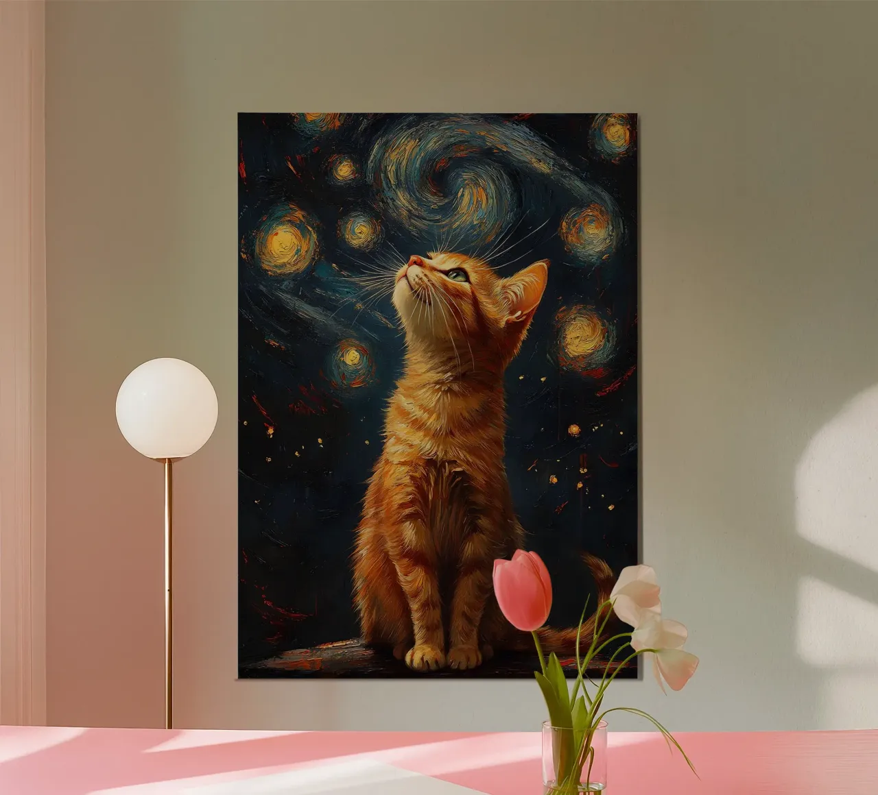 gatto cielo stellato pelliccia arancione felino poster con telaio in legno da James Isaac Jackson