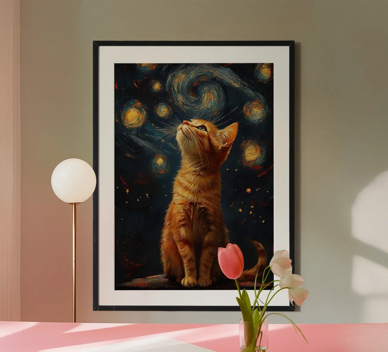 gatto cielo stellato pelliccia arancione felino poster con telaio in legno da James Isaac Jackson