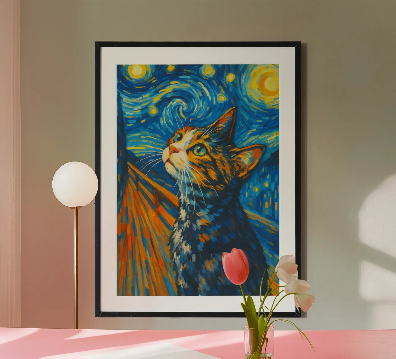 Gatto notturno stellato Divertente disegno d'arte animale poster da the gondals