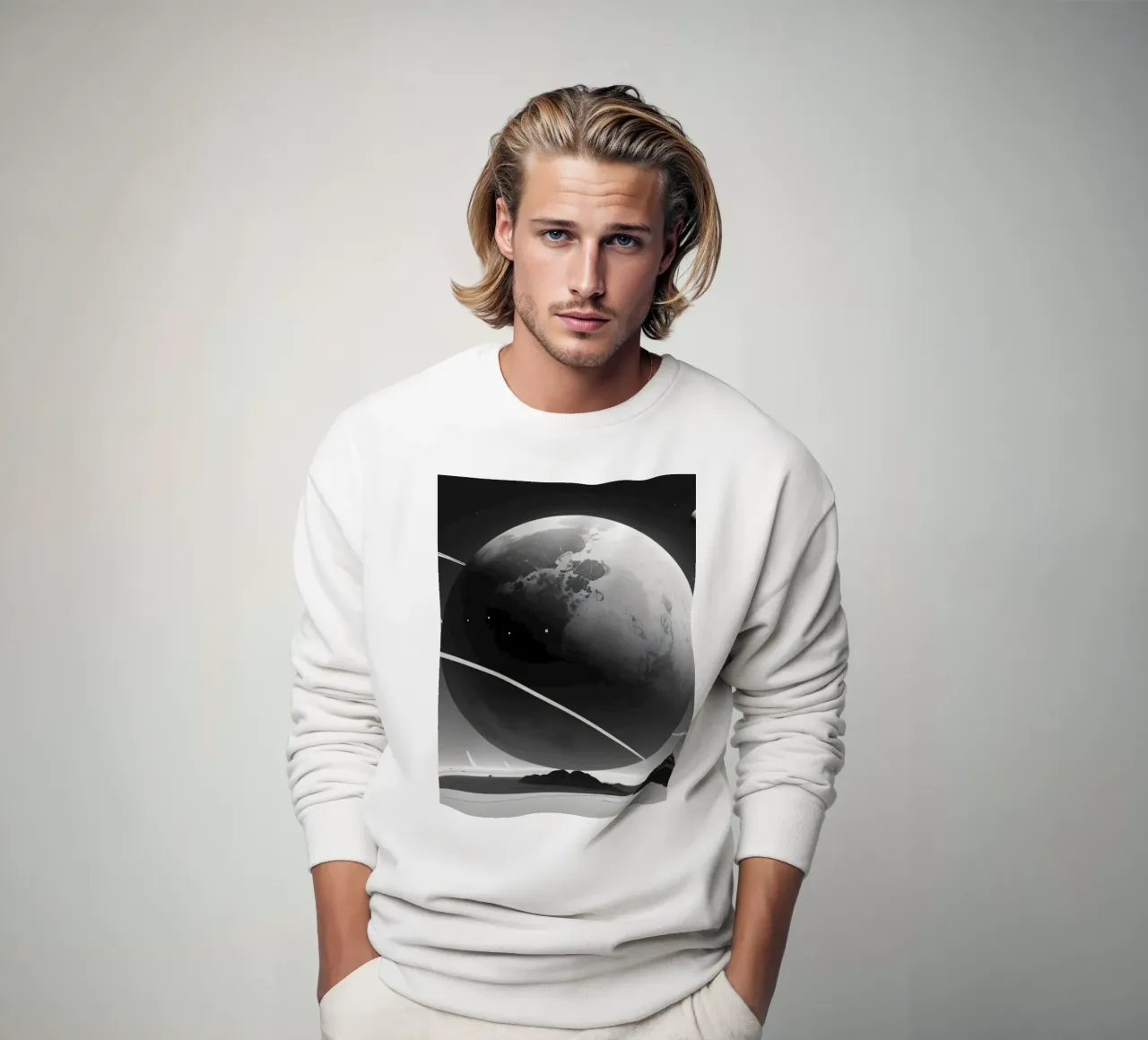 planet with rings hovering over a desolate landscape under a sweatshirt by DesignDoodle