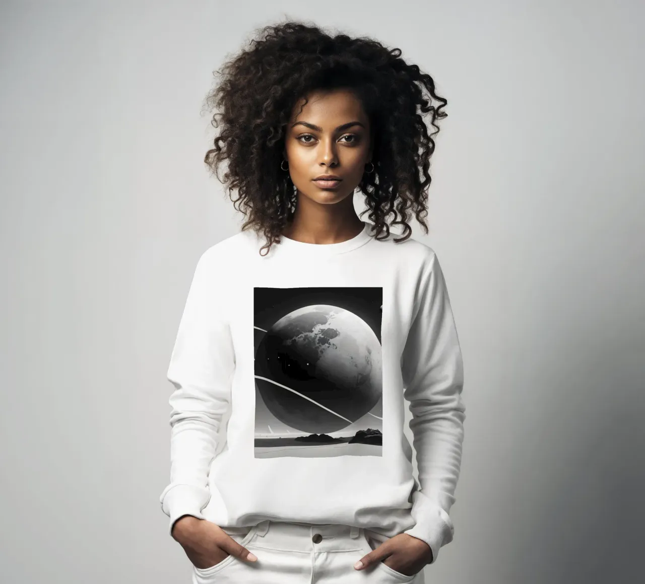 planet with rings hovering over a desolate landscape under a sweatshirt by DesignDoodle