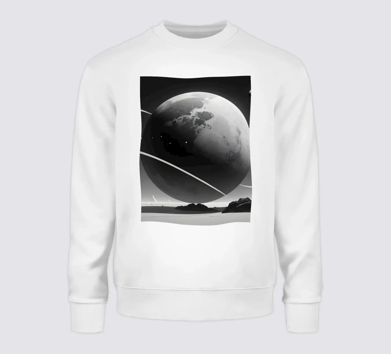 planet with rings hovering over a desolate landscape under a sweatshirt by DesignDoodle