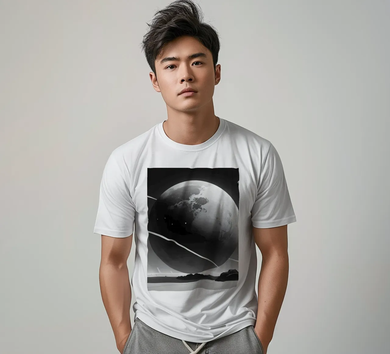 Planet mit Ringen, der über einer trostlosen Landschaft unter einer T-Shirt von DesignDoodle