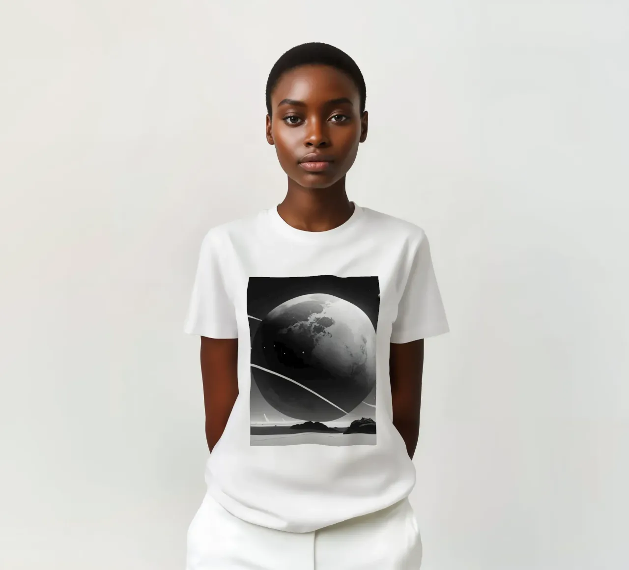 Planet mit Ringen, der über einer trostlosen Landschaft unter einer T-Shirt von DesignDoodle